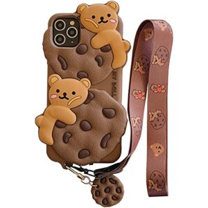 sgvahy case for iphone 11 case cute with lanyard keychain kawaii phone cases 3d cartoon bear cookie iphone case soft silicone shockproof protective case cover for women girls khaki