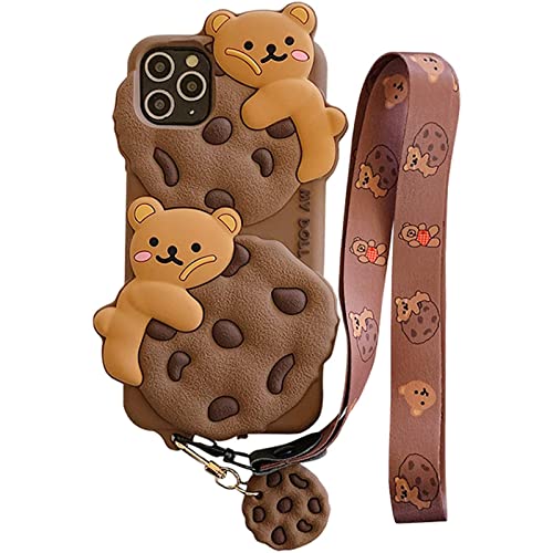 SGVAHY Case for iPhone 11 Case Cute with Lanyard Keychain Kawaii Phone Cases 3D Cartoon Bear Cookie iPhone Case Soft Silicone Shockproof Protective Case Cover for Women Girls Khaki