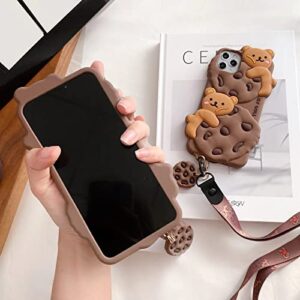 SGVAHY Case for iPhone 11 Case Cute with Lanyard Keychain Kawaii Phone Cases 3D Cartoon Bear Cookie iPhone Case Soft Silicone Shockproof Protective Case Cover for Women Girls Khaki