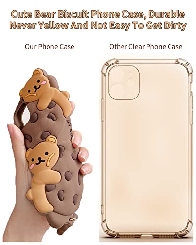 SGVAHY Case for iPhone 11 Case Cute with Lanyard Keychain Kawaii Phone Cases 3D Cartoon Bear Cookie iPhone Case Soft Silicone Shockproof Protective Case Cover for Women Girls Khaki