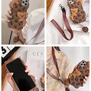 SGVAHY Case for iPhone 11 Case Cute with Lanyard Keychain Kawaii Phone Cases 3D Cartoon Bear Cookie iPhone Case Soft Silicone Shockproof Protective Case Cover for Women Girls Khaki