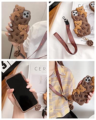 SGVAHY Case for iPhone 11 Case Cute with Lanyard Keychain Kawaii Phone Cases 3D Cartoon Bear Cookie iPhone Case Soft Silicone Shockproof Protective Case Cover for Women Girls Khaki