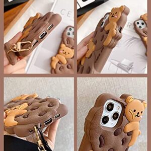 SGVAHY Case for iPhone 11 Case Cute with Lanyard Keychain Kawaii Phone Cases 3D Cartoon Bear Cookie iPhone Case Soft Silicone Shockproof Protective Case Cover for Women Girls Khaki