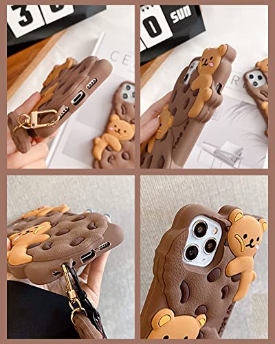 SGVAHY Case for iPhone 11 Case Cute with Lanyard Keychain Kawaii Phone Cases 3D Cartoon Bear Cookie iPhone Case Soft Silicone Shockproof Protective Case Cover for Women Girls Khaki