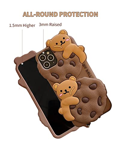 SGVAHY Case for iPhone 11 Case Cute with Lanyard Keychain Kawaii Phone Cases 3D Cartoon Bear Cookie iPhone Case Soft Silicone Shockproof Protective Case Cover for Women Girls Khaki