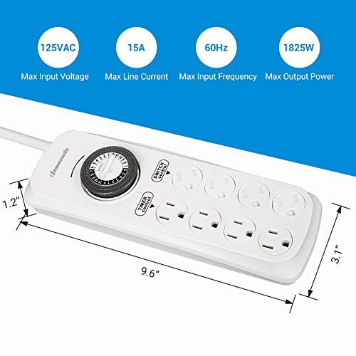 DEWENWILS Mechanical Timer Power Strip with 8 Outlets, Flat Plug, 6ft Long Cord, Overload Protection, Indoor Timer for Bearded Dragon Tanks, Aquarium, Grow Lights, Plants, Reptile Light, UL Listed