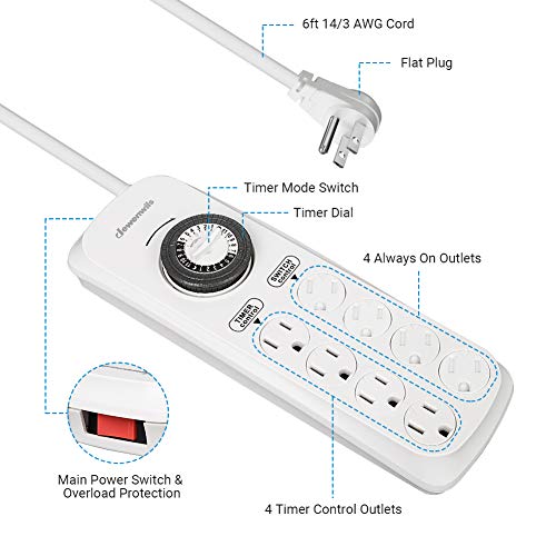 DEWENWILS Mechanical Timer Power Strip with 8 Outlets, Flat Plug, 6ft Long Cord, Overload Protection, Indoor Timer for Bearded Dragon Tanks, Aquarium, Grow Lights, Plants, Reptile Light, UL Listed