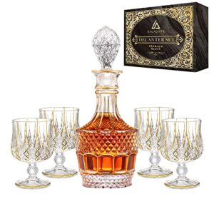 saladays whiskey decanter and glasses set, gold crystal decanter set with 4 whiskey glasses, gift box, perfect for bourbon, scotch and wine - gifts for men