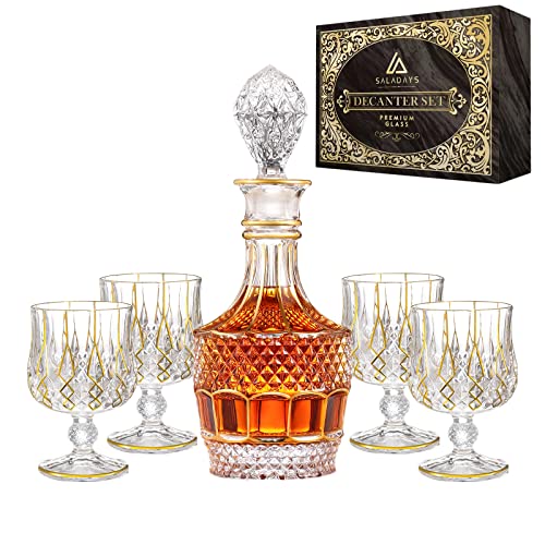 SALADAYS Whiskey Decanter and Glasses Set, Gold Crystal Decanter Set with 4 Whiskey Glasses, Gift Box, Perfect for Bourbon, Scotch and Wine - Gifts for Men