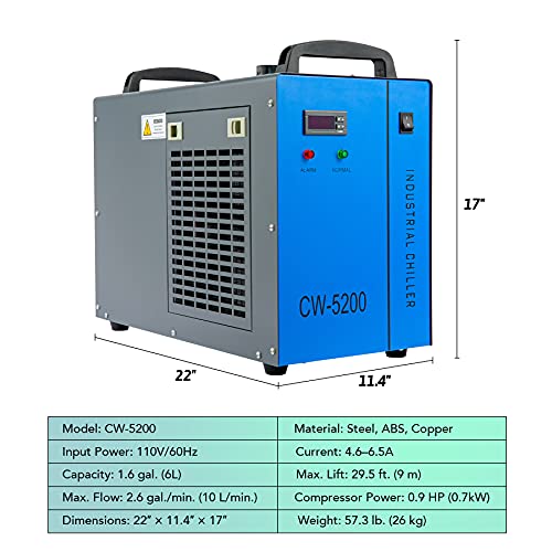 OMTech 6L Industrial Water Chiller 0.9hp 2.6gpm Water Cooling System CW-5200 Water Cooler for 60W 70W 80W 90W 100W 120W 130W 150W CO2 Laser Engraving & Cutting Machines, Cools 5200 BTU/Hour