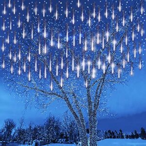 kwaiffeo meteor shower lights, christmas tree lights outdoor 12 inch 8 tube 192 led falling snow cascading icicle string lights for christmas decoration wedding party holiday window eave, white