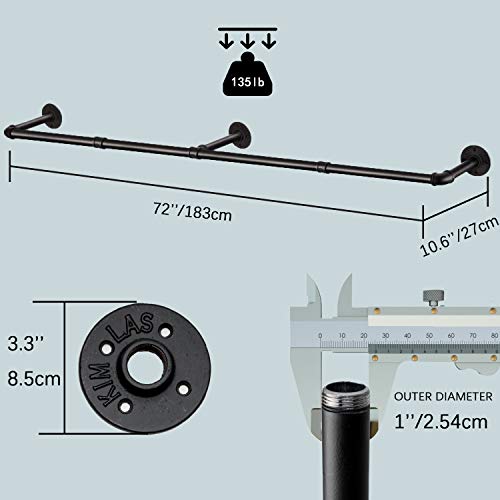 Crehomfy Industrial Pipe Clothes Rack with 3 Hooks, 72’'L Wall Mounted Garment Rack, Heavy Duty Iron Garment Bar, Clothes Hanging Rod Bar for Laundry Room, Max Load 135Lb Black (3 Base)