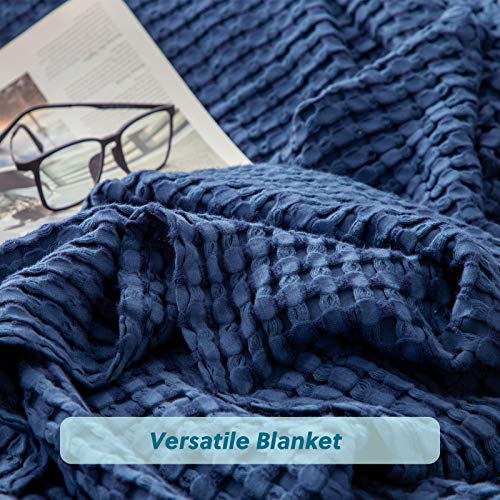 Bedsure Cooling Bamboo Waffle Weave Blanket - Soft, Lightweight and Breathable Throw Blankets for Hot Sleepers, Luxury Cotton Throws for Bed, Couch and Sofa, Navy 50x70Inches