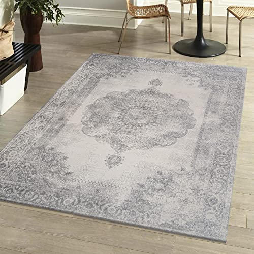 JONATHAN Y MDP403C-8 Rosalia Cottage Medallion Indoor Area-Rug Vintage Bohemian Easy-Cleaning Bedroom Kitchen Living Room Non Shedding, 8 ft x 10 ft, Gray/Ivory