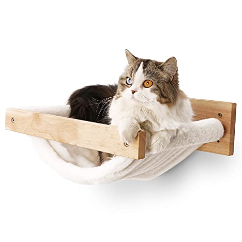 FUKUMARU Cat Hammock Wall Mounted, Kitty Beds and Perches, Wooden Cat Wall Furniture, Stable Cat Wall Shelves for Sleeping, Playing, Climbing, and Lounging, White Flannel Cat Shelves