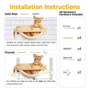 FUKUMARU Cat Hammock Wall Mounted, Kitty Beds and Perches, Wooden Cat Wall Furniture, Stable Cat Wall Shelves for Sleeping, Playing, Climbing, and Lounging, White Flannel Cat Shelves