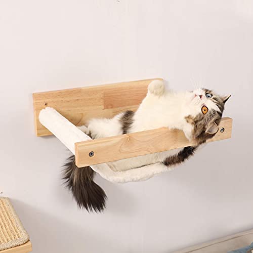 FUKUMARU Cat Hammock Wall Mounted, Kitty Beds and Perches, Wooden Cat Wall Furniture, Stable Cat Wall Shelves for Sleeping, Playing, Climbing, and Lounging, White Flannel Cat Shelves