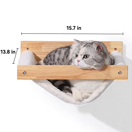FUKUMARU Cat Hammock Wall Mounted, Kitty Beds and Perches, Wooden Cat Wall Furniture, Stable Cat Wall Shelves for Sleeping, Playing, Climbing, and Lounging, White Flannel Cat Shelves