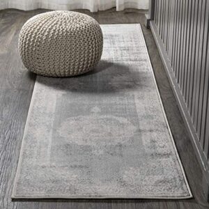 jonathan y mdp403e-28 rosalia cottage medallion indoor area-rug vintage bohemian easy-cleaning bedroom kitchen living room non shedding, 2 ft x 8 ft, gray/dark gray