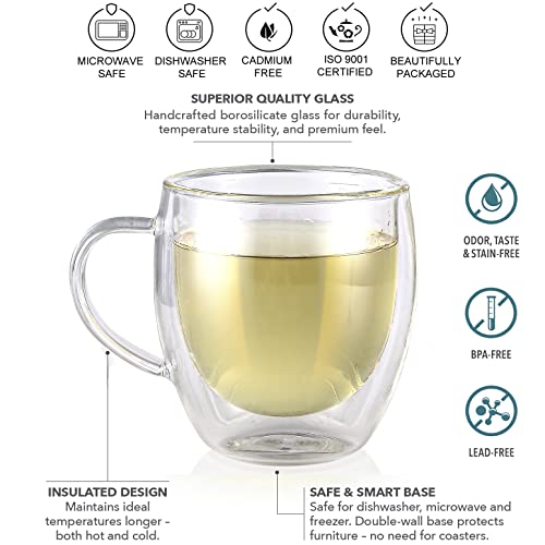 Teabloom Double Walled Cups – 8 oz / 250 ml – Set of 2 Insulated Glass Cups for Tea, Coffee, Espresso, and More – Clarity Collection