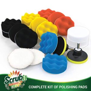 SCRUBIT Car Foam Drill Polishing Pad Kit 22 Pack, Includes 16 Detailing Sponges (3 in.), 2 Wool Buffer Pads, 2 Drill Adapters and Suction Cups for Your Vehicle - Waxing and Polisher Set