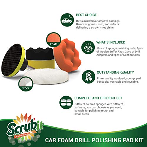 SCRUBIT Car Foam Drill Polishing Pad Kit 22 Pack, Includes 16 Detailing Sponges (3 in.), 2 Wool Buffer Pads, 2 Drill Adapters and Suction Cups for Your Vehicle - Waxing and Polisher Set