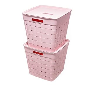 starplast square wicker stacking bins with lids 2-pack: 4 pieces large plastic accessory storage set, weave design, 14.8 x 14.8 x 13.3 inches, 54-125