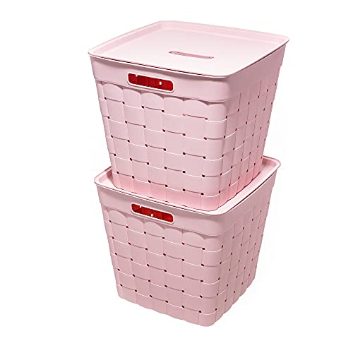 Starplast Square Wicker Stacking Bins with Lids 2-Pack: 4 Pieces Large Plastic Accessory Storage Set, Weave Design, 14.8 x 14.8 x 13.3 Inches, 54-125