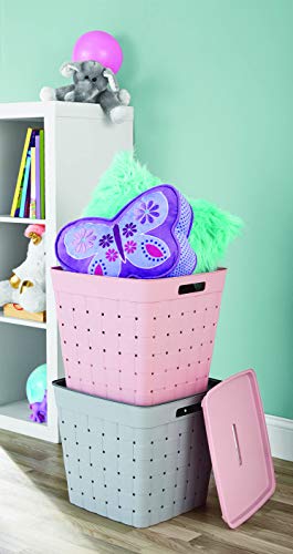 Starplast Square Wicker Stacking Bins with Lids 2-Pack: 4 Pieces Large Plastic Accessory Storage Set, Weave Design, 14.8 x 14.8 x 13.3 Inches, 54-125