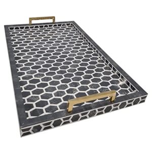 moroccan pattern quatrefoil bone inlay rectangular serving tray brushed brass handles dinner coffee decorative gray