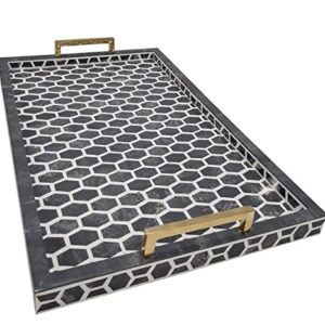 Moroccan Pattern Quatrefoil Bone Inlay Rectangular Serving Tray Brushed Brass Handles Dinner Coffee Decorative Gray