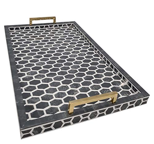 Moroccan Pattern Quatrefoil Bone Inlay Rectangular Serving Tray Brushed Brass Handles Dinner Coffee Decorative Gray