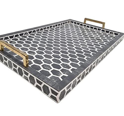 Moroccan Pattern Quatrefoil Bone Inlay Rectangular Serving Tray Brushed Brass Handles Dinner Coffee Decorative Gray