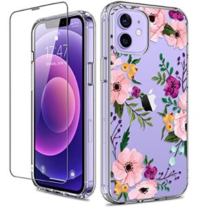 giika for iphone 12 case, iphone 12 pro case with screen protector, clear full body protective floral girls women shockproof hard case with tpu bumper cover phone case for iphone 12, small flowers