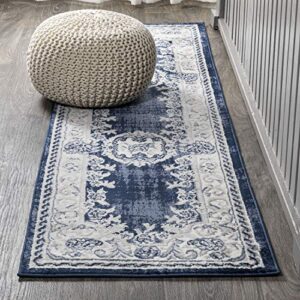 jonathan y mdp401a-210 rosalia cottage medallion indoor area-rug vintage bohemian easy-cleaning bedroom kitchen living room non shedding, 2 ft x 10 ft, ivory/navy