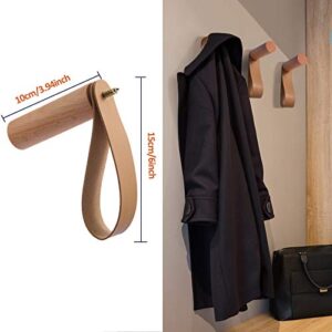 Jetec 3 Pack Wood Wall Hooks Wooden Coat Hooks Decorative Vintage Entryway Hangers with Leather Wall Straps for Hanging Coats Hats Bags Towels (Brown)