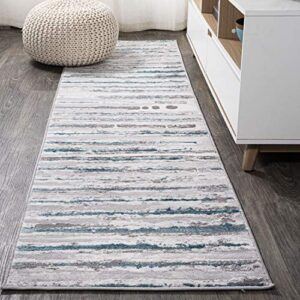 jonathan y sor204a-210 batten modern stripe indoor area-rug contemporary transitional solid striped easy-cleaning bedroom kitchen living room non shedding, 2 ft x 10 ft, gray/turquoise