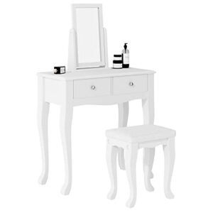 soges makeup vanity table set, 2-drawer dresser desk, 360° rotation mirror, cushioned stool, bedroom dressing table set, white