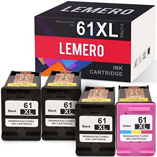 LEMERO Remanufactured Ink Cartridge Replacement for HP 61XL 61 XL to use with Envy 4500 5530 4502 DeskJet 3510 2541 2542 Officejet 4630 4635 (Black, Tri-Color, 4 Pack)