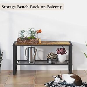 Yusong Entryway Bench Shoe Bench Rack with Mesh Shelf, 35.4" Long Storage Bench with Heavy Metal Frame,Shoe Storage Organizer Rack for Hallway, Living Room, Bedroom, Rustic Brown