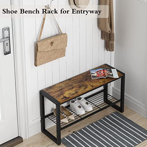 Yusong Entryway Bench Shoe Bench Rack with Mesh Shelf, 35.4" Long Storage Bench with Heavy Metal Frame,Shoe Storage Organizer Rack for Hallway, Living Room, Bedroom, Rustic Brown