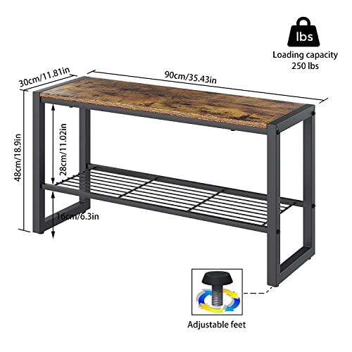 Yusong Entryway Bench Shoe Bench Rack with Mesh Shelf, 35.4" Long Storage Bench with Heavy Metal Frame,Shoe Storage Organizer Rack for Hallway, Living Room, Bedroom, Rustic Brown