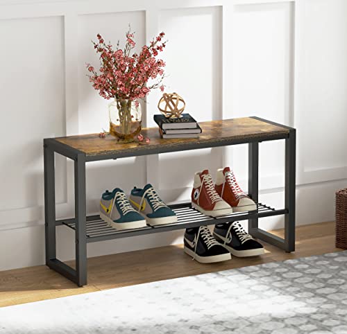 Yusong Entryway Bench Shoe Bench Rack with Mesh Shelf, 35.4" Long Storage Bench with Heavy Metal Frame,Shoe Storage Organizer Rack for Hallway, Living Room, Bedroom, Rustic Brown