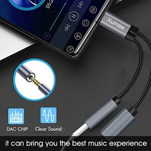 Xumee USB Type C to 3.5mm Headphone and Charger Adapter, 2-in-1 USB C to Aux Audio Jack Hi-Res DAC and Fast Charging Dongle Cable Compatible with Galaxy S23 Ultra S22 S21 S20 S20+ Note 20 (Grey)