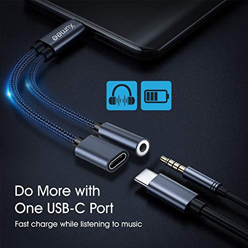 Xumee USB Type C to 3.5mm Headphone and Charger Adapter, 2-in-1 USB C to Aux Audio Jack Hi-Res DAC and Fast Charging Dongle Cable Compatible with Galaxy S23 Ultra S22 S21 S20 S20+ Note 20 (Grey)