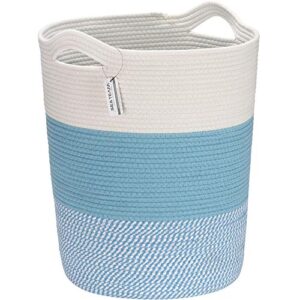 sea team large size cotton rope woven storage basket with handles, laundry hamper, fabric bucket, drum, clothes toys organizer for kid's room, 20 x 14 inches, round open design, white & mottled blue