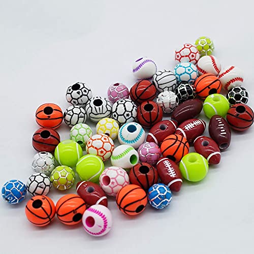 15 Styles Sports Beads Football Baseball Basketball Tennis Volleyball Soccer with 1 Roll of Elastic Rope and a Plastic Box for DIY Bracelet Necklace Making