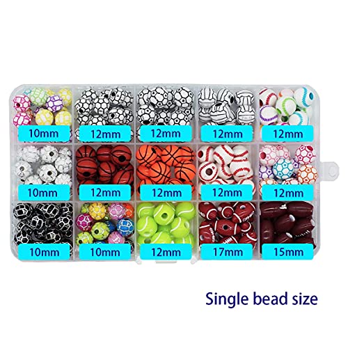 15 Styles Sports Beads Football Baseball Basketball Tennis Volleyball Soccer with 1 Roll of Elastic Rope and a Plastic Box for DIY Bracelet Necklace Making