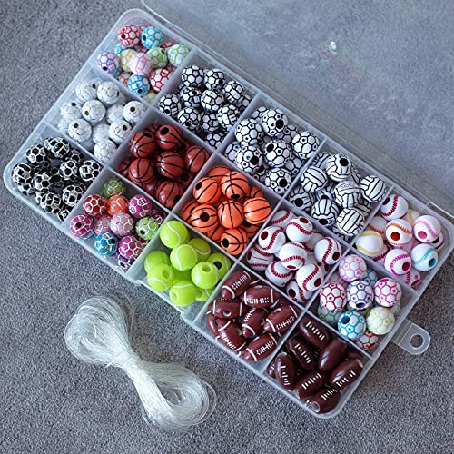 15 Styles Sports Beads Football Baseball Basketball Tennis Volleyball Soccer with 1 Roll of Elastic Rope and a Plastic Box for DIY Bracelet Necklace Making