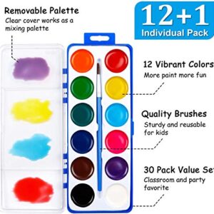 Shuttle Art 12 Colors Watercolor Paint Set Bulk, Pack of 30, Watercolor Paint Set with Paint Brushes for Kids and Adults, Washable Paint for Classroom, Parties, Kindergarten and Art Activities